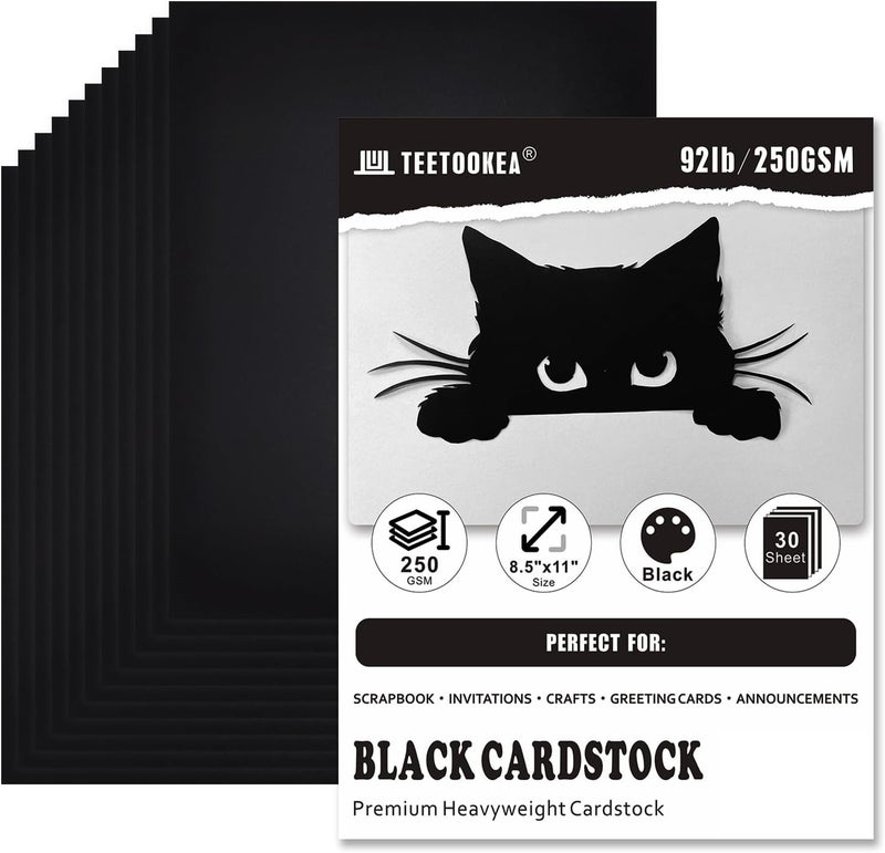 TEETOOKEA 30 Sheets Black Cardstock, 8.5 x 11 Card Stock, 92lb/250gsm Thick Cover Stock, Heavyweight Printer Paper for Invitations, Scrapbooking, Crafting, DIY Projects, Decoration and Drawing - Image 1